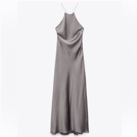 ZARA Midi Satin Slip Dress Grey charcoal - Picture 4 of 13